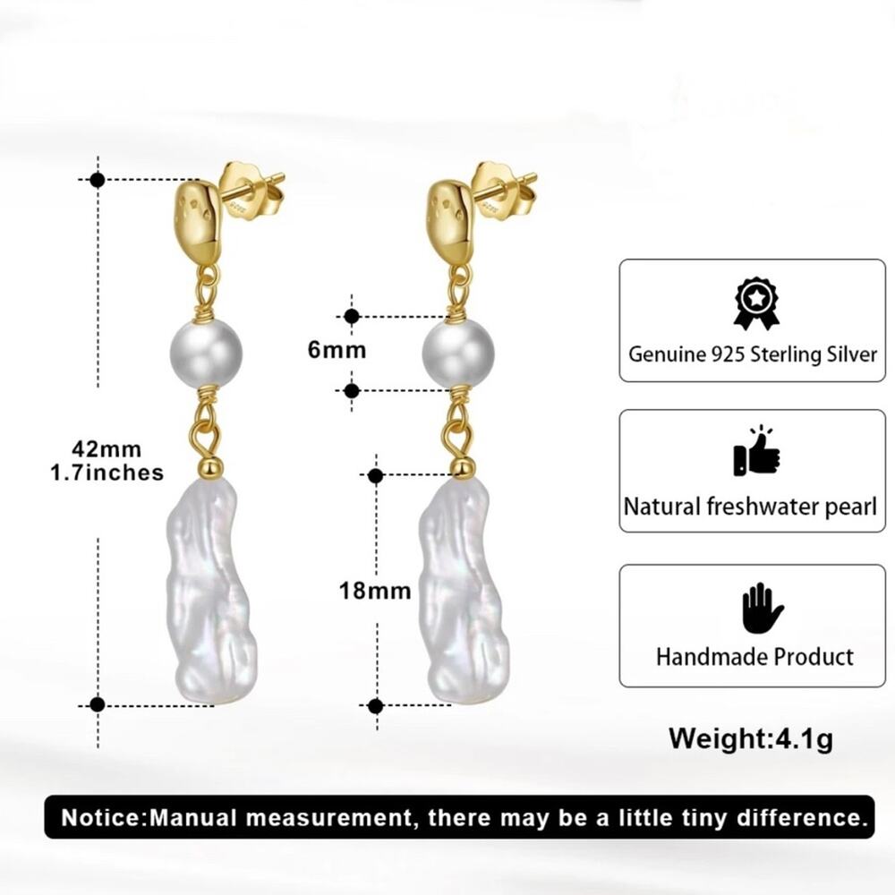 NEW 14K gold plated freshwater baroque pearl drop earrings jewelry gift B19 - Picture 6 of 8